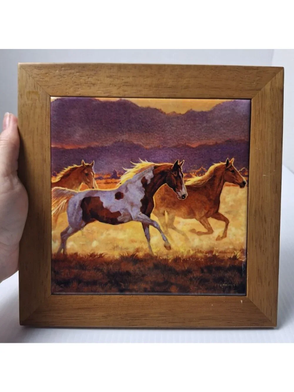 SET OF (2) CYPRESS HOME CERAMIC TRIVET/WALL HANGING RUSTIC WOODEN FRAME HORSES